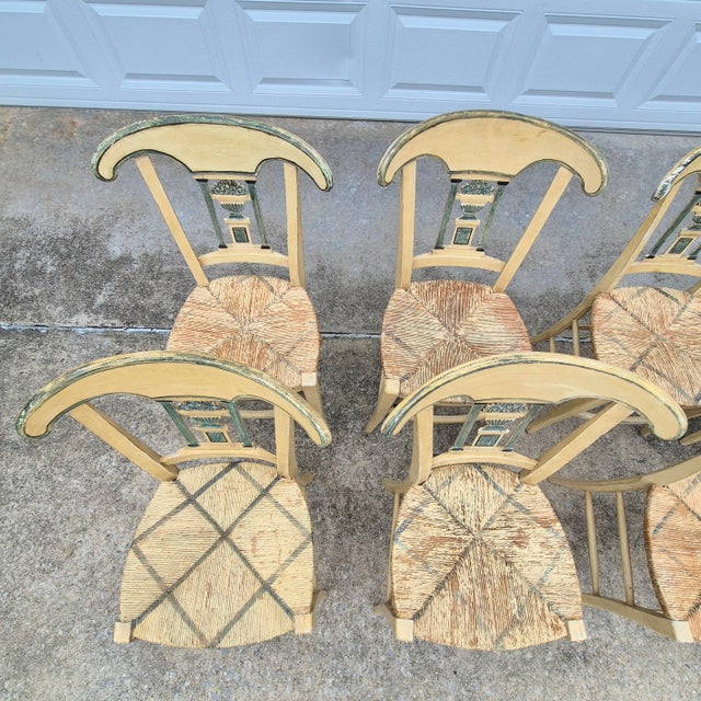 Yellow Late 19th Century French Provençal Directoire Painted Carved Back Rush Seat Dining Chairs, Set of 8 For Sale - Image 8 of 16