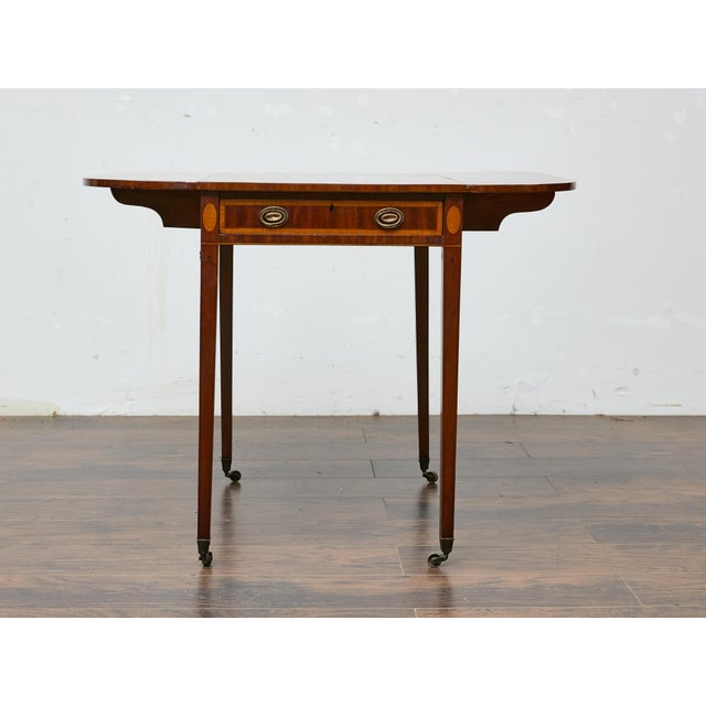 Early 19th Century Regency Mahogany Pembroke Table with Satinwood Inlay and Casters For Sale - Image 9 of 12