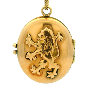 Vintage 14k Gold Heraldic Lion Rampant Oval Photo Locket Pendant