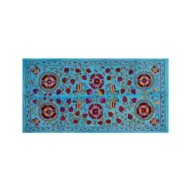 1960s Blue Uzbek Suzani Wall Art – Camel & Floral Motif Embroidery 3'4'' X 6'2'' For Sale - Image 5 of 13