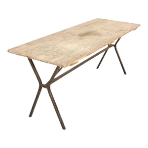 Antique French Washed Oak Console Table With Iron Base