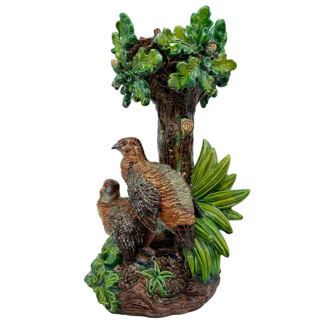 Hugo Lonitz Majolica Figural Table Jardinière Stand, naturalistically molded as an oak tree, with a pair of partridges...