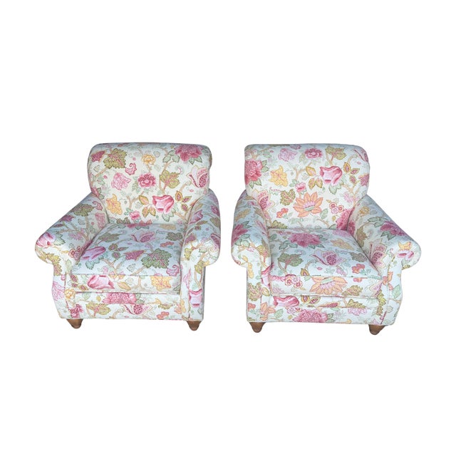 English Clayton Marcus English Roll-Arm Club Chairs, Pair – Floral Botanical Chintz Upholstered Lounge Chairs For Sale - Image 3 of 16