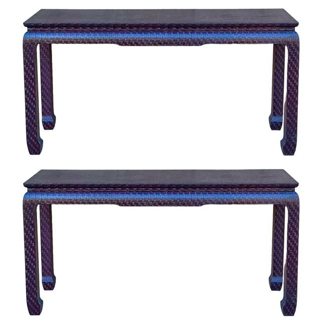 Asian Modern Grasscloth Wrapped Ming Style Console Tables Att. Baker Furniture For Sale - Image 11 of 12