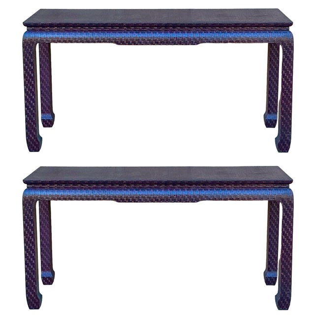 Asian Modern Grasscloth Wrapped Ming Style Console Tables Att. Baker Furniture - Pair For Sale - Image 11 of 12