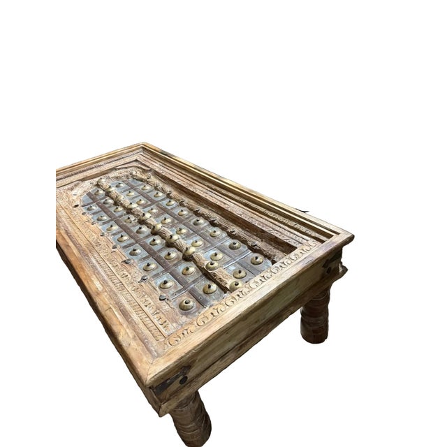 Mid-Century Modern Antique Indian Carved Door Coffee Table – Solid Wood With Patina & Brass Stud Accents 53x26.5 For Sale - Image 3 of 6