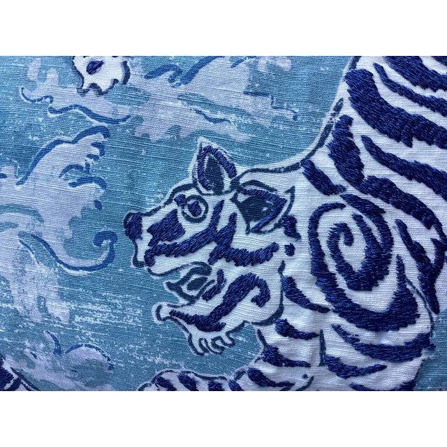 This pattern features a distinctive Chinoiserie style characterized by playful, jumping, embroidered tigers surrounded by...