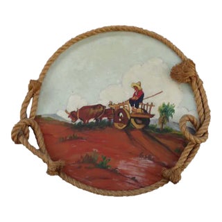 1930s Folk Art Mexican Scene Painted on a Round Wooden Tray C 1930s For Sale