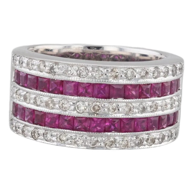 2.08ctw Ruby Diamond Ring 14k White Gold Size 6.5 Wide Band For Sale