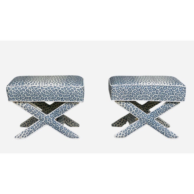 Pair Vintage Newly Upholstered Large X Benches in Colefax and Fowler For Sale - Image 15 of 18