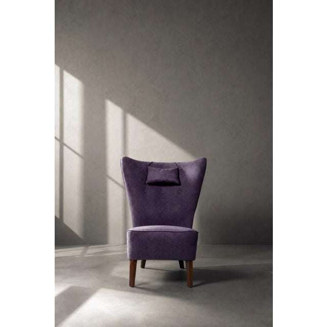 Wood Vintage Scandinavian Modern Oak and Purple Fabric High Back Wing Chair, 1950s For Sale - Image 7 of 18