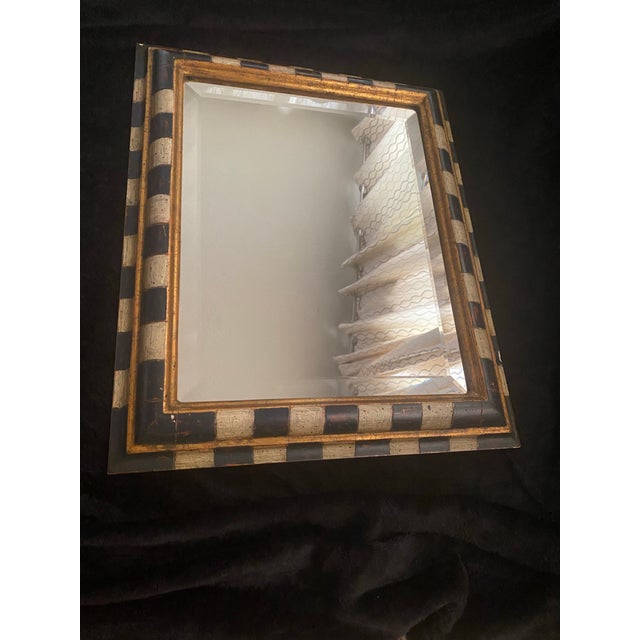 Vintage Checkered Wooden Frame Beveled Glass Mirror For Sale - Image 11 of 12