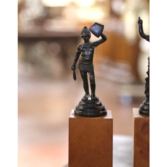 Neoclassical Pair of Late 20th Century Bronze Statues on Wooden Columns For Sale - Image 3 of 6