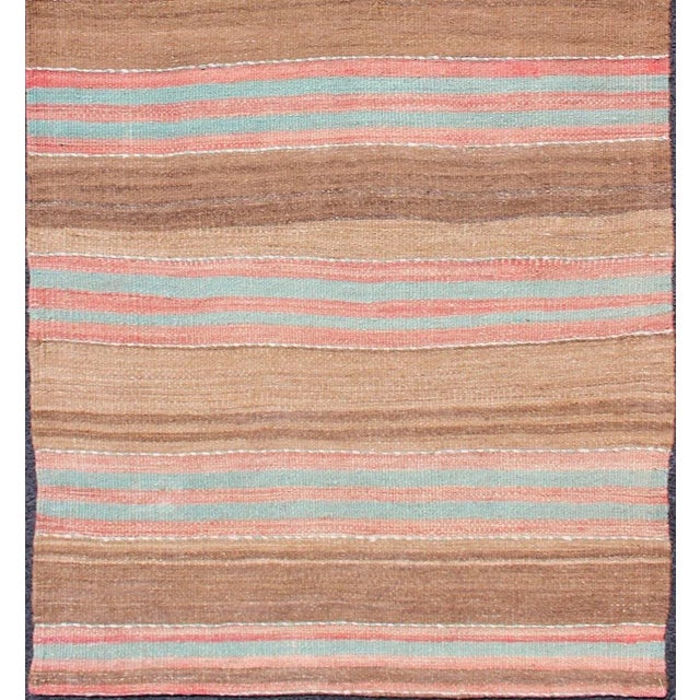 Vintage Turkish Kilim With Soft Brown, Rose, and Aqua Stripes 2'9 X 6'0 For Sale - Image 4 of 9