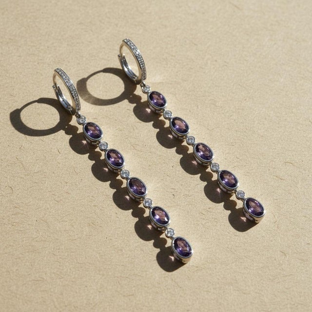 Amethyst Huggie Drop Earrings, Silver, Gold, Pair For Sale - Image 4 of 9
