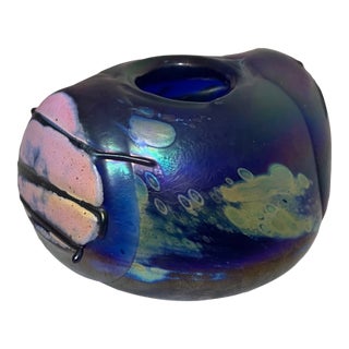 Unusual Hand Blown Iridescent Pearson Studio Art Glass Blue Vase Sculpture For Sale