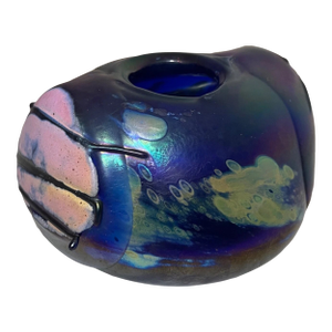 Unusual Hand Blown Iridescent Pearson Studio Art Glass Blue Vase Sculpture