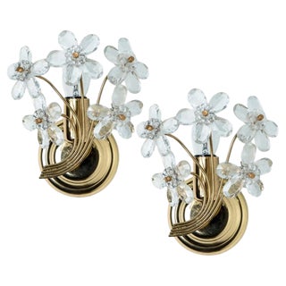 Flower Crystal and Gold Wall Light attributed to Palwa, Germany, 1970s, Set of 2 For Sale