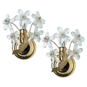 Flower Crystal and Gold Wall Light attributed to Palwa, Germany, 1970s, Set of 2