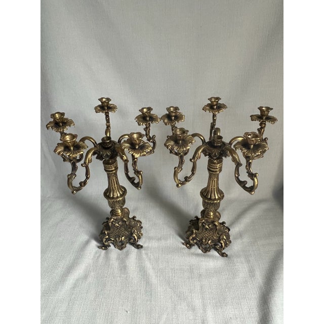 Pair of Antique Ornate French Rococo 5-Arm Brass Candelabras For Sale - Image 4 of 12