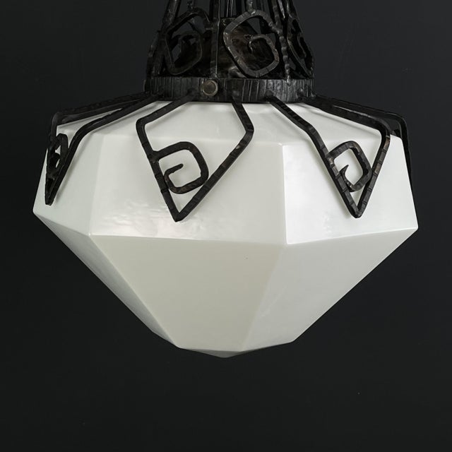 Art Deco Hanging Light in Opal Glass and Wrought Iron, 1930s For Sale - Image 4 of 10
