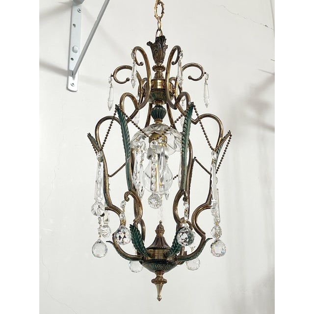 Metal Brass and Green Pendant Light with Cut Crystal Drops, Italy, 1950s For Sale - Image 7 of 17
