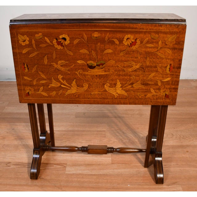 Wood 1900s Antique English Mahogany Dutch Marquetry Pembroke Drop Leaf Side End Table For Sale - Image 7 of 14