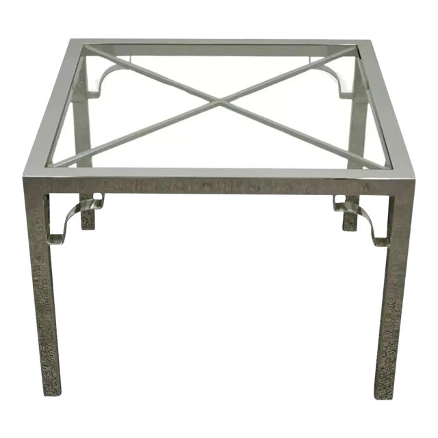 Late 20th Century Mid Century Modern Chrome X-Frame Square Glass Top Hollywood Regency Side Table For Sale