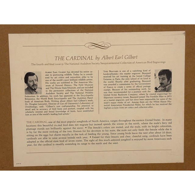 "Albert Earl Gilbert's" "The Cardinal" Signed Framed Lithograph Print 1977 For Sale - Image 4 of 5