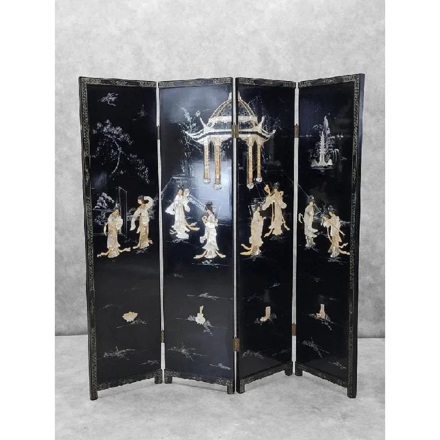 Antique Mother of Pearl & Hand Painted Asian 4 Panel Privacy