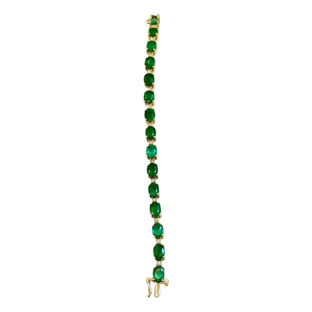 22 Carat Natural Brazilian Emerald & Diamond Tennis Bracelet 14 Kt Yellow Gold For Sale