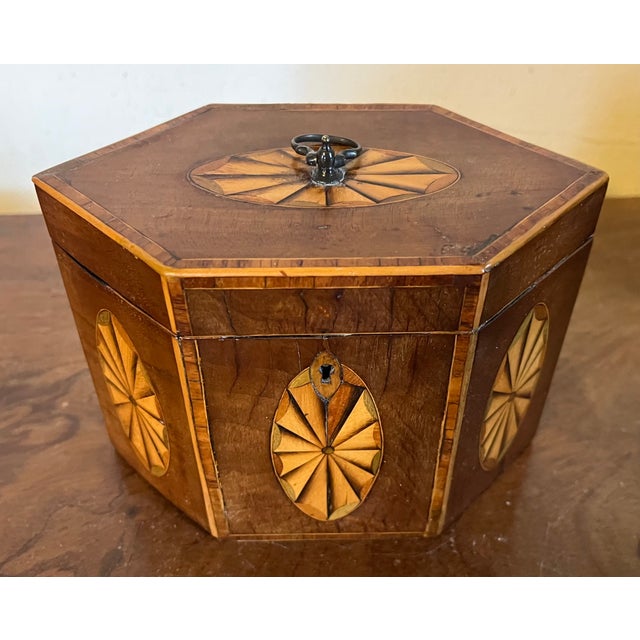 Antique Early 19th Century English George III Hexagonal Mahogany Tea Caddy of Elegant Proportion With Paterae Fan Inlay For Sale - Image 14 of 18