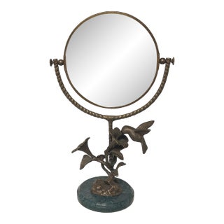 Brass and Marble Hummingbird & Flower Tabletop Vanity Mirror For Sale