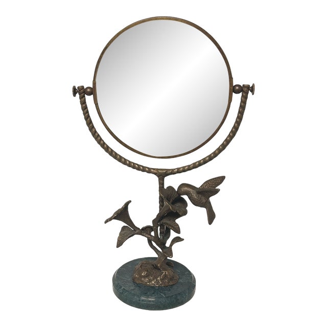 Brass and Marble Hummingbird & Flower Tabletop Vanity Mirror For Sale