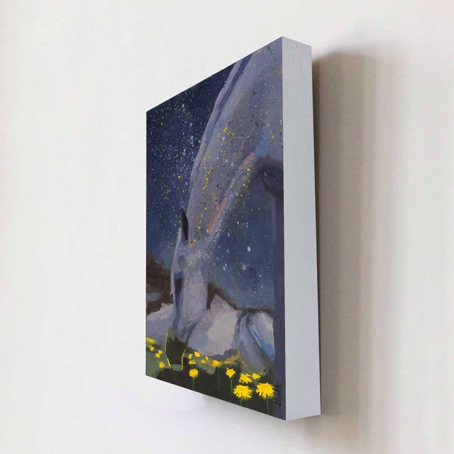 Abstract Stardust by Shelli Langdale | Oil on gallery panel Horse grazing among yellow flowers at night. For Sale - Image 3 of 5