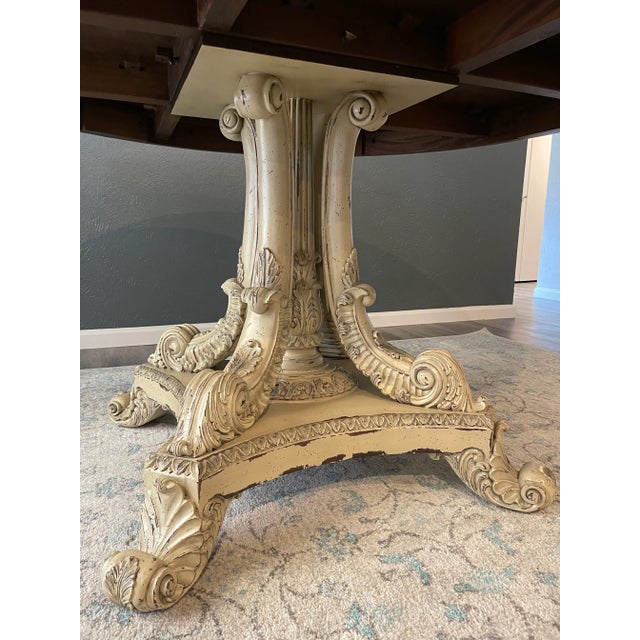 Farmhouse Custom Large Bar Height Farmhouse Modern Distressed Painted Pedestal Round Dining Table Signed Paradigm Furniture Design For Sale - Image 3 of 13