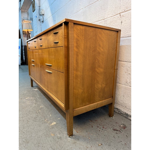 West Michigan Furniture Co. Mid-Century Six Drawer Walnut & Brass Lowboy Dresser by West Michigan Furniture Co. Attributed For Sale - Image 4 of 17
