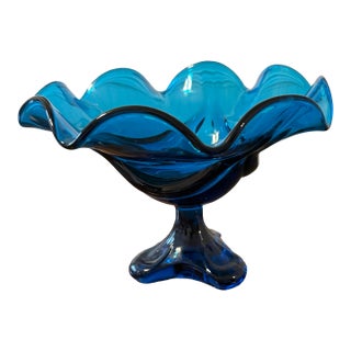 Viking Art Glass Bluenique Epic Three Footed Compote For Sale