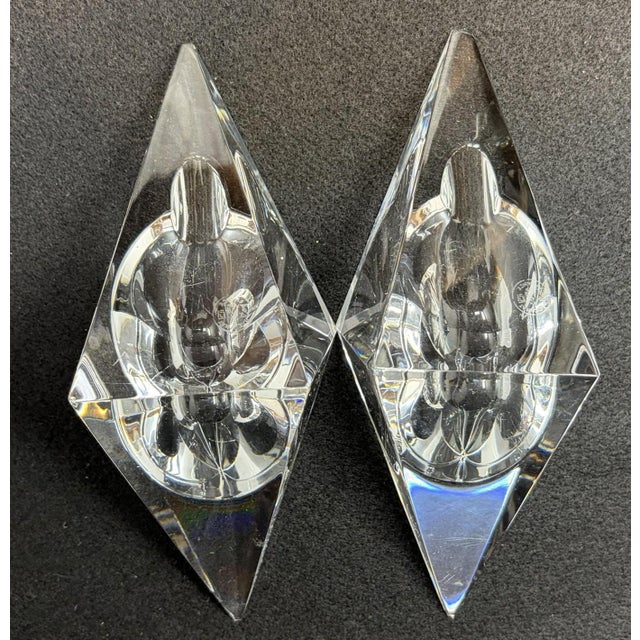 Pair of Baccarat Diamond-shaped Crystal Ashtrays Mid-Century style. Acid-etch stamps on the base of both. Tips are squared...