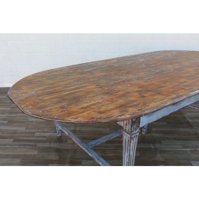 Antique 1920s French Provincial Large Oval Pine Dining Table With Distressed Painted Base For Sale - Image 13 of 18