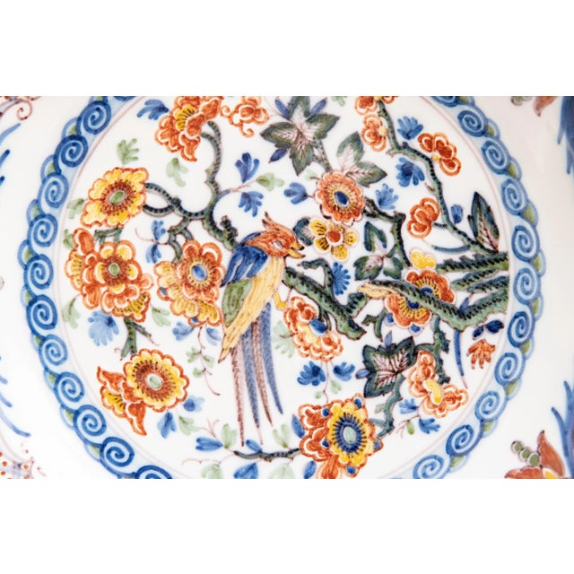 1940s Vintage Dutch Delft Faience Polychrome Floral Bird Scalloped Wall Charger Plate For Sale - Image 5 of 7