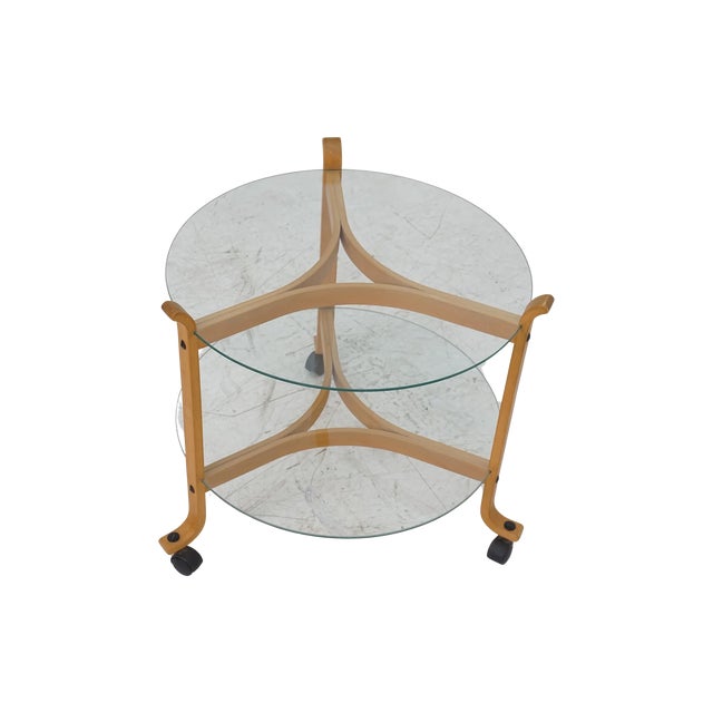 - 21.5"h, 23.25"dia - Beech, glass, plastic - Condition: Excellent; a few light scuffs to top curved part of wood frame