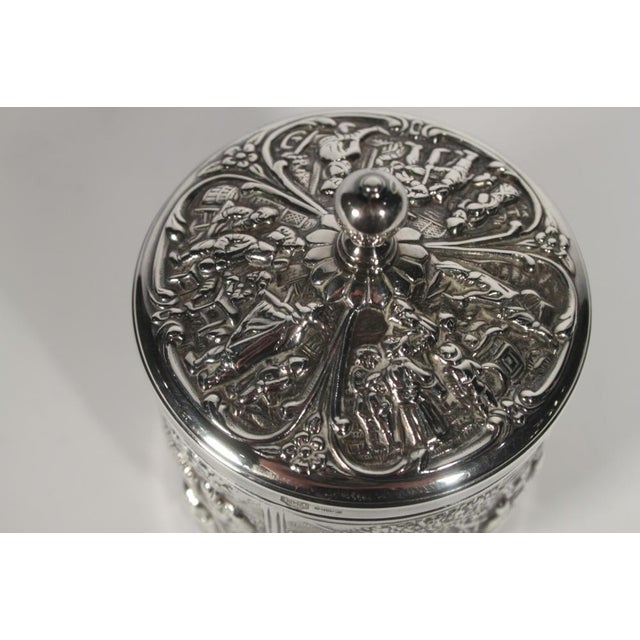 Dutch silver plate trinket box and cover Circa 1930 This pretty piece is embossed with figures and animals. Marked for...