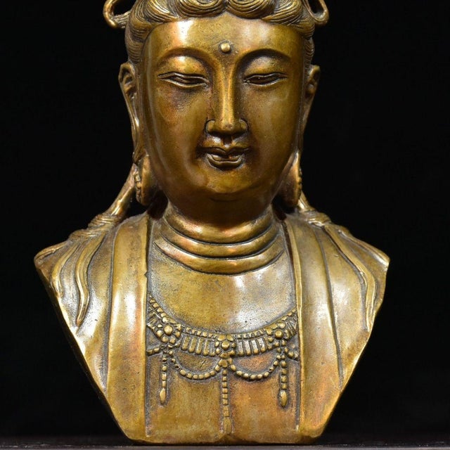 Chinese Vintage Gilt Bronze Guanyin Bust | Chinese Buddhist Altar Sculpture With Crowned Amitabha For Sale - Image 3 of 10