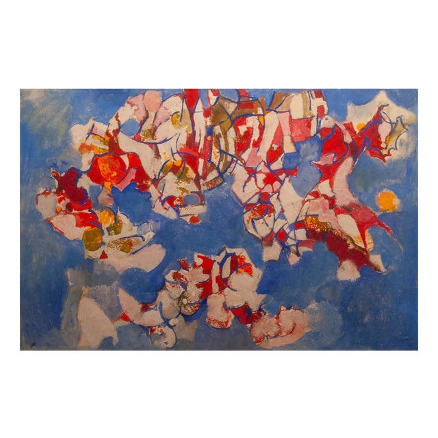Abstract Composition in Blue and Red, 1950s, Oil on Canvas For Sale