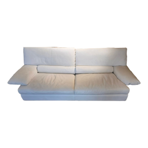 Roche Bobois White Leather Adjustable-Back Sofa, Sculptural Metal Base, Early 2000s (92”)