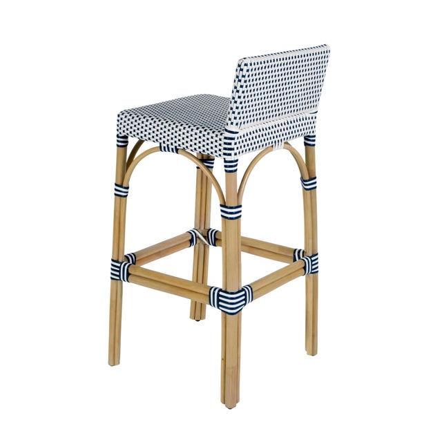 Serienna 30 in. Seat Height Rectangular Rattan Low Back Bar Stool, White/Navy Dot / Natural Rattan Frame For Sale In Chicago - Image 6 of 9