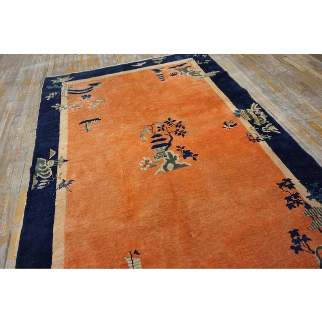 1920s Orange Medallion Scene Antique Chinese Art Deco Carpet 6 'X 8'6" Knotted Wool Rug For Sale In New York - Image 6 of 15