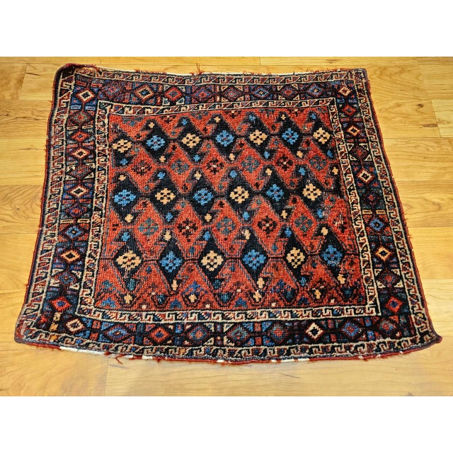Vintage Persian Kurdish Saddlebag Bagface Tribal Rug, Hand-Knotted Wool, Geometric Pattern, Burgundy & Navy, 2x2 For Sale - Image 10 of 10