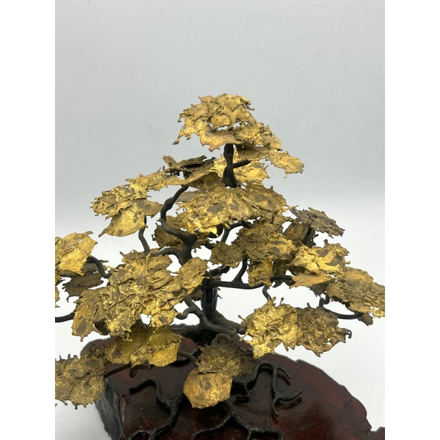 Mid-Century Brutalist Gilt Bronze Bonsai Tree Sculpture on Burl Wood Basee For Sale - Image 17 of 18